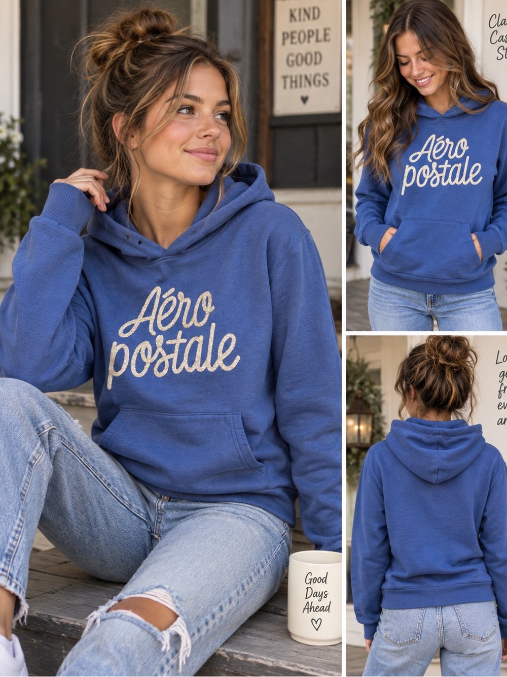 Aeropostale Periwinkle Sparkle Logo Hoodie Sweatshirt Size M Junior's #1215CL